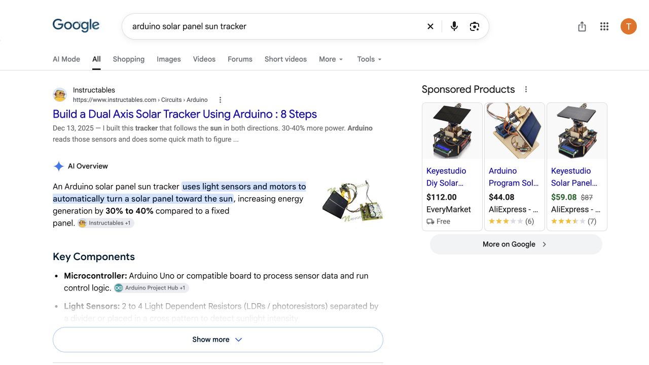 Google results for arduino solar panel sun tracker showing DIY projects